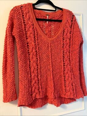 Free People Open-Knit V-Neck Sweater in Coral